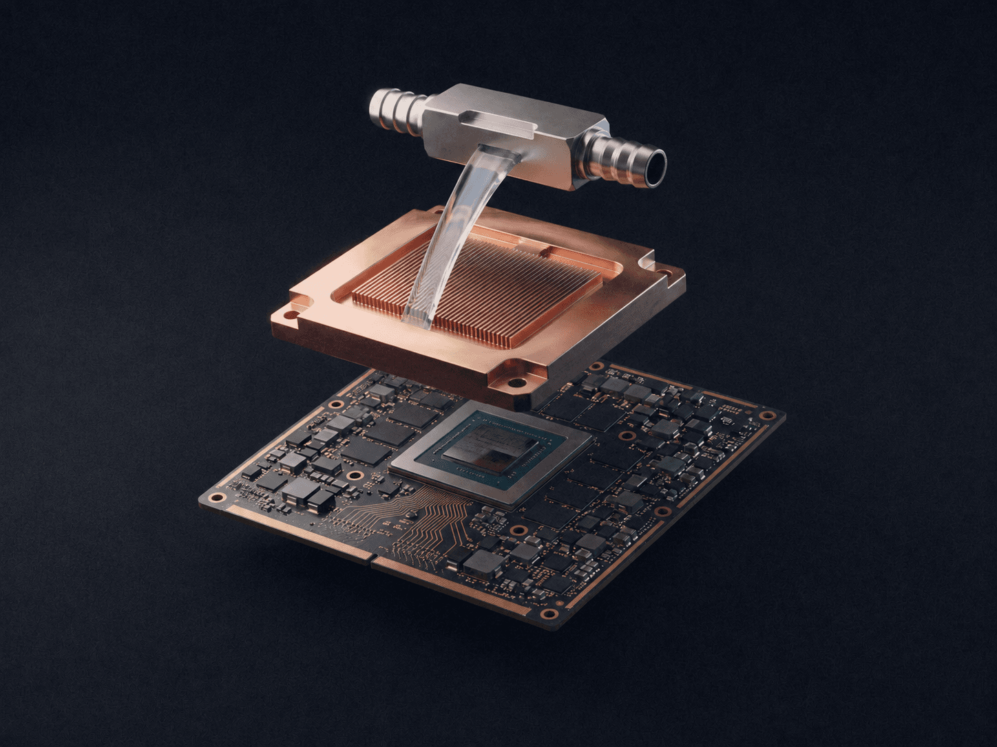Exploded view of a liquid-cooled accelerator module: a green-black circuit board with the processor die, a copper cold plate with a microfin field above it, a nickel manifold with two coolant ports on top, and a ribbon of coolant running between them