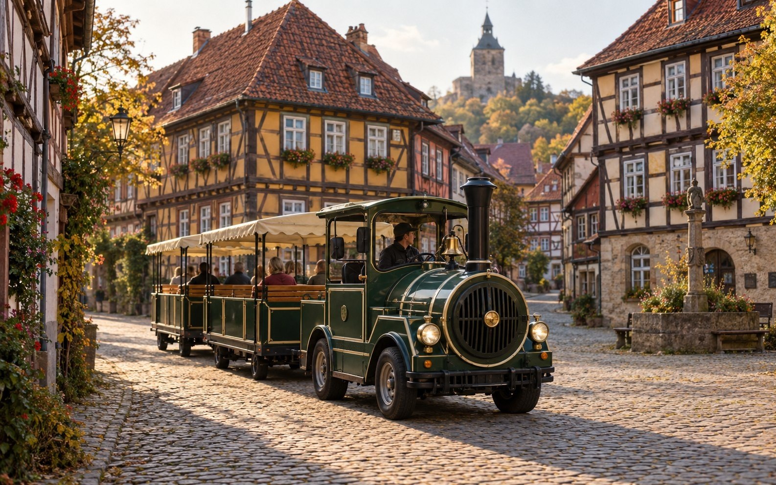 Visualisierung, kein Foto: eine Bimmelbahn auf Kopfsteinpflaster in einer Fachwerk-Altstadt
