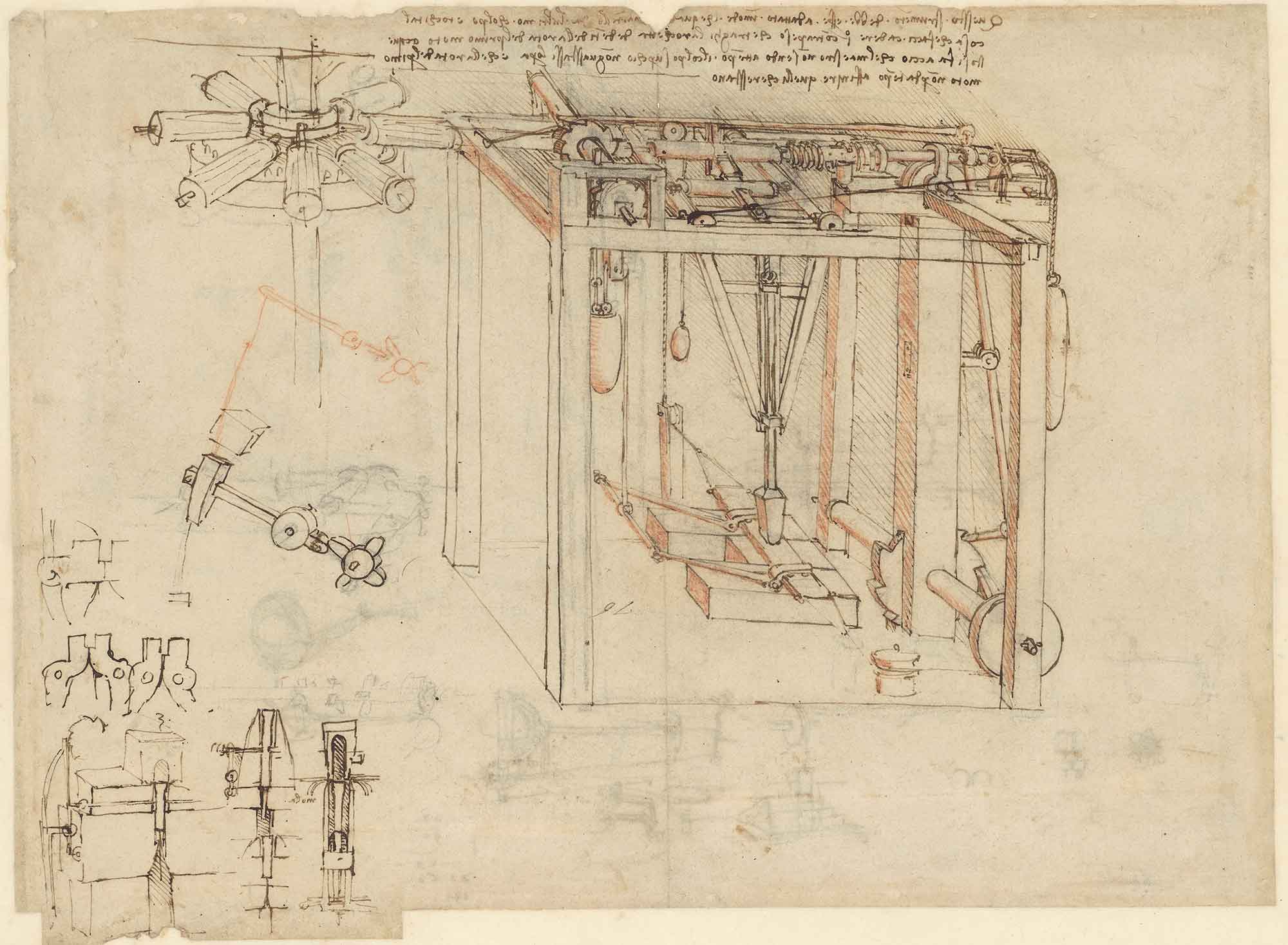 Leonardo da Vinci, Codex Atlanticus folio 29 recto: pen studies of a framed machine with gearing, springs and hoisting rigging