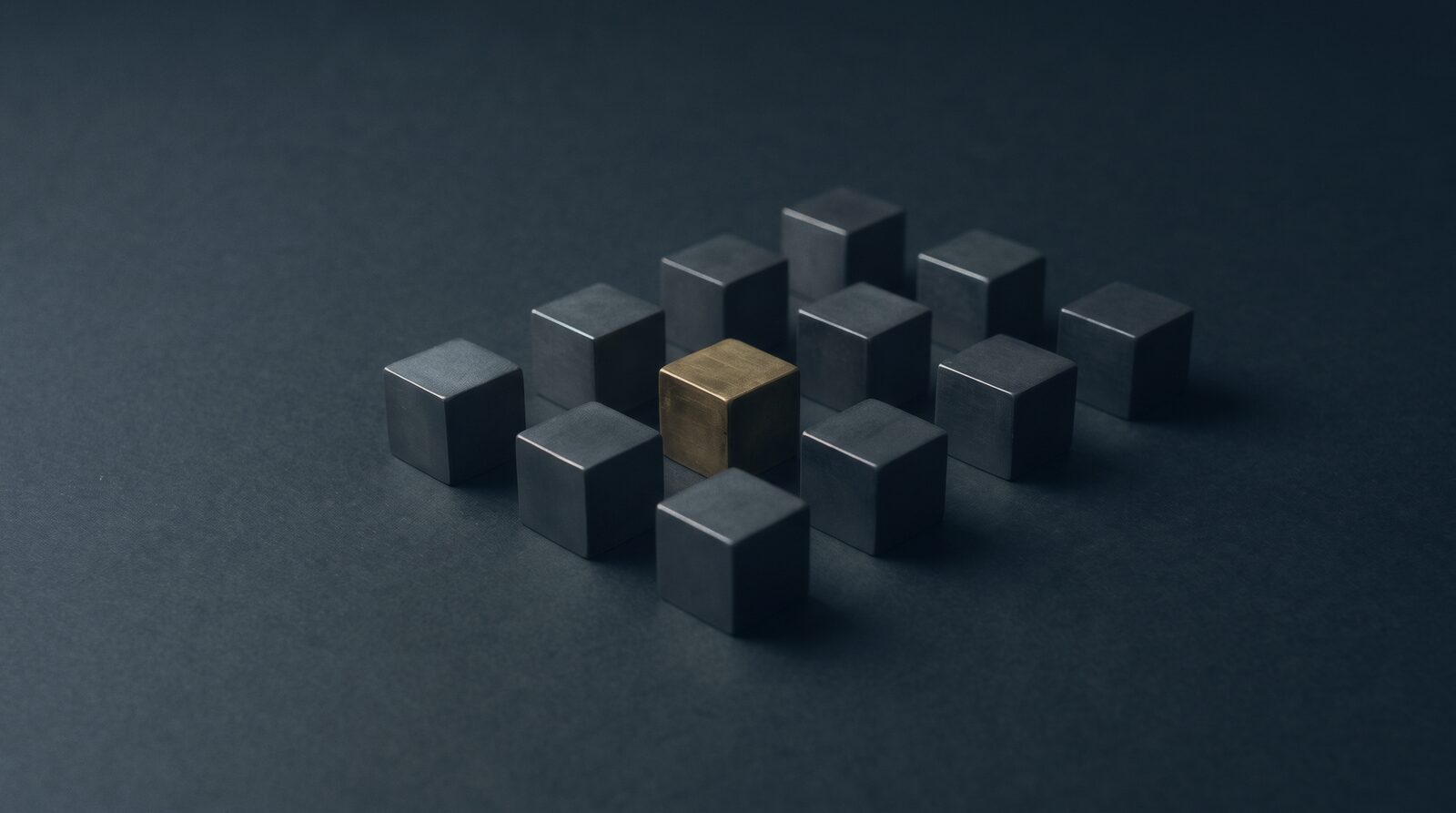 Twelve small dark cubes in a grid, one of them brass