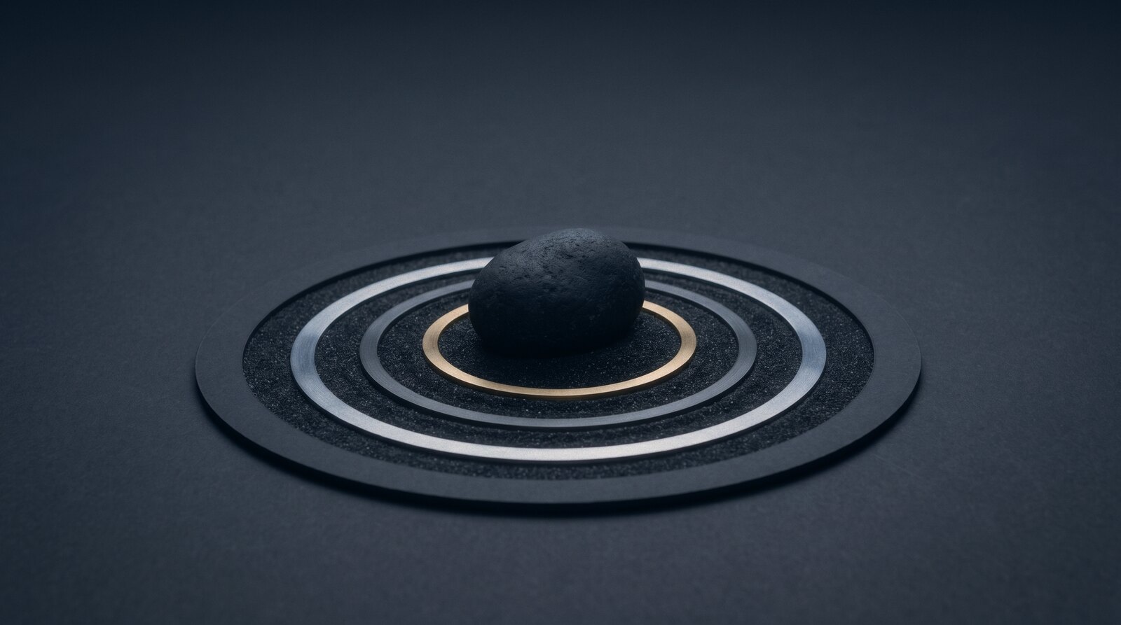 A dark stone resting in black sand, concentric rings spreading from it, the innermost ring brass