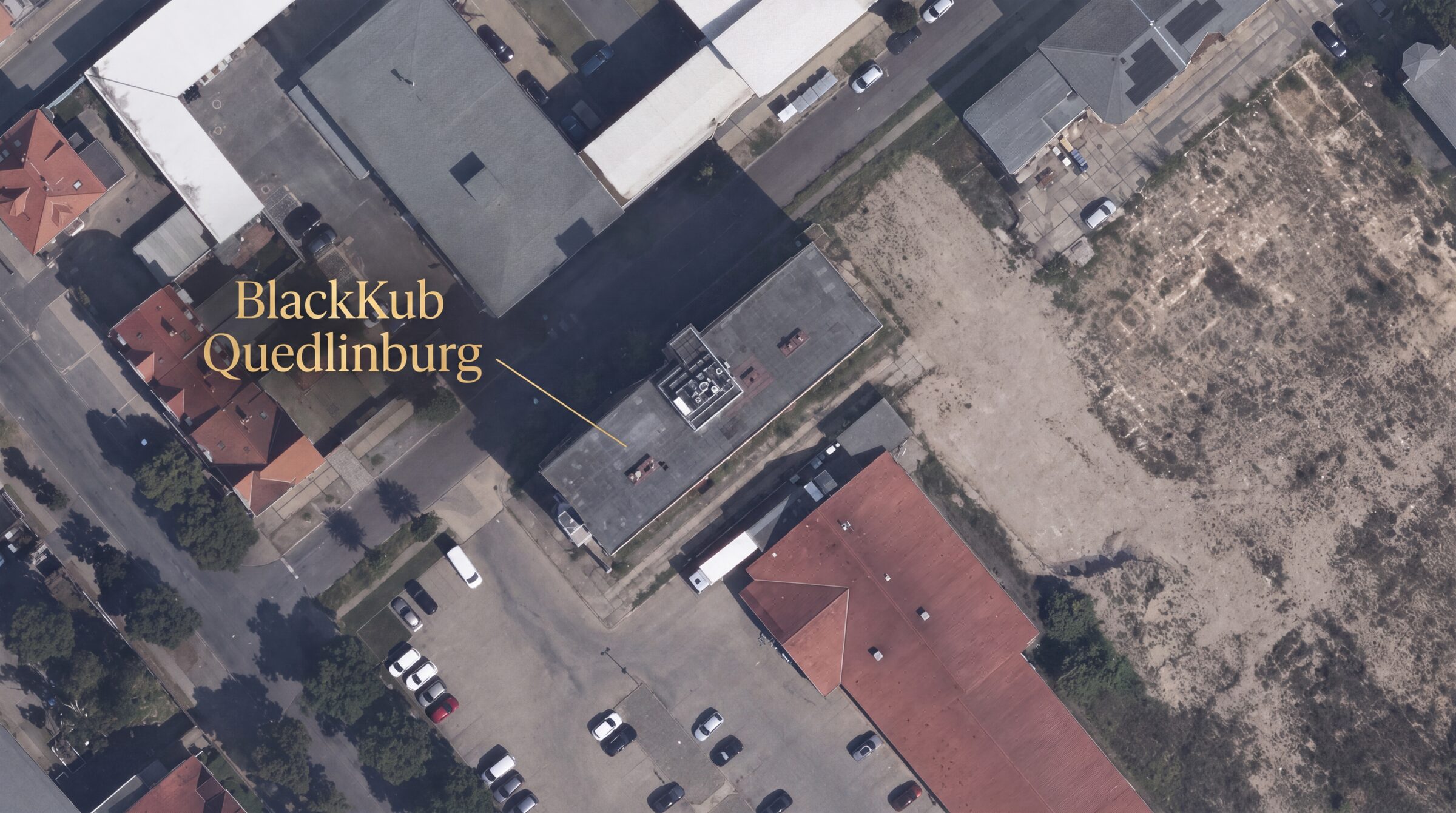 Aerial view of the Cube in its street in Quedlinburg