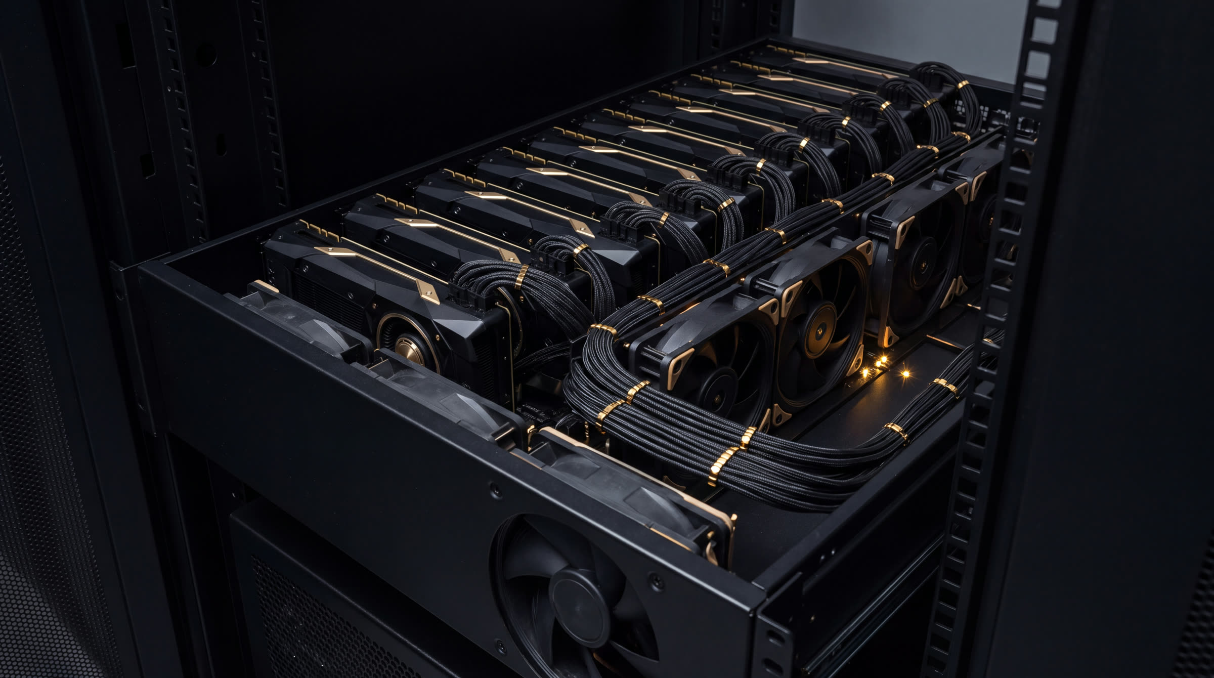 A drawn-out server tray, GPU accelerators and direct-to-chip liquid cooling, cabling gathered in gold-ringed bundles
