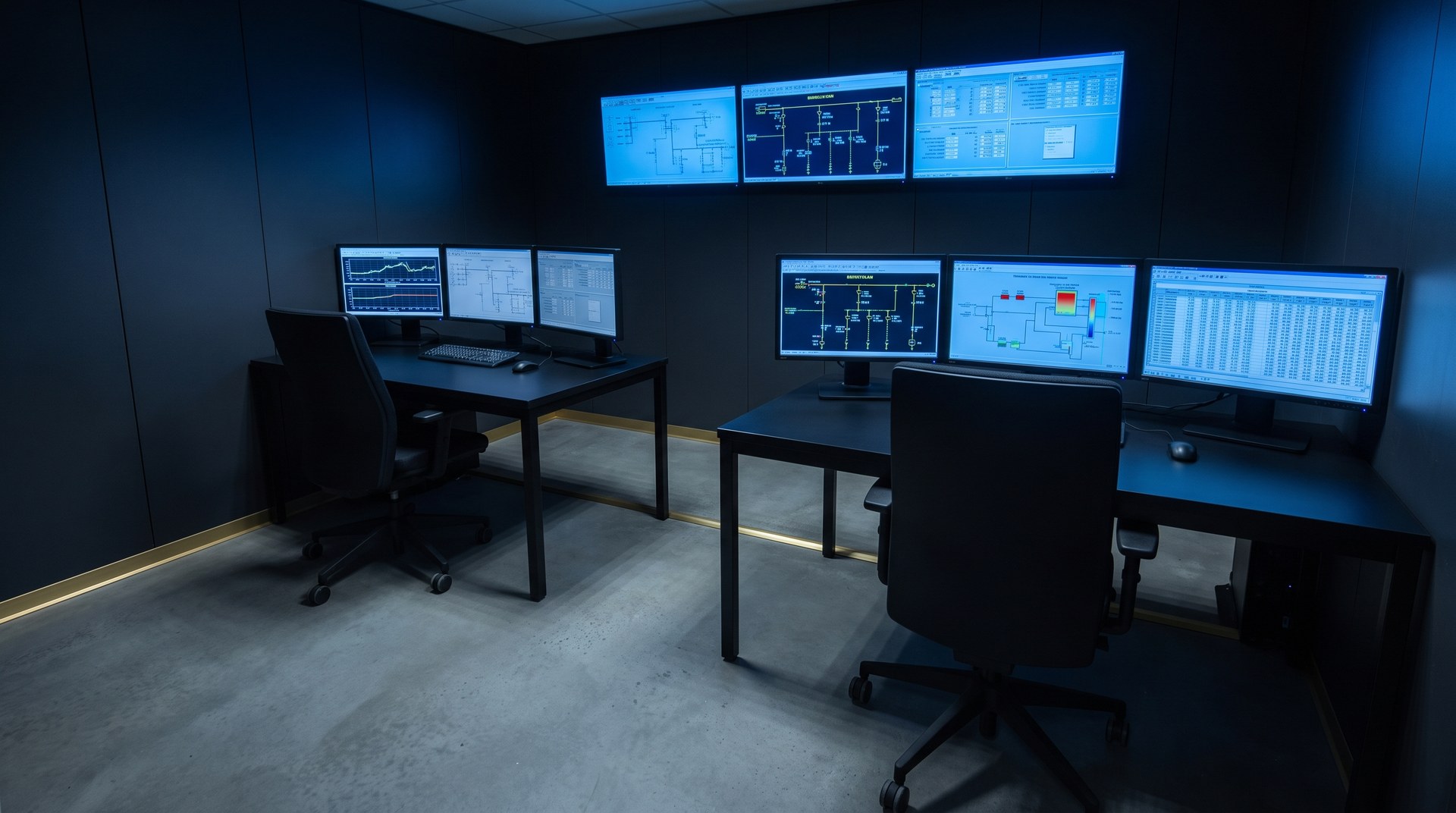 A small dark control room, two desks and a wall of trend graphs and single-line diagrams, nobody sitting