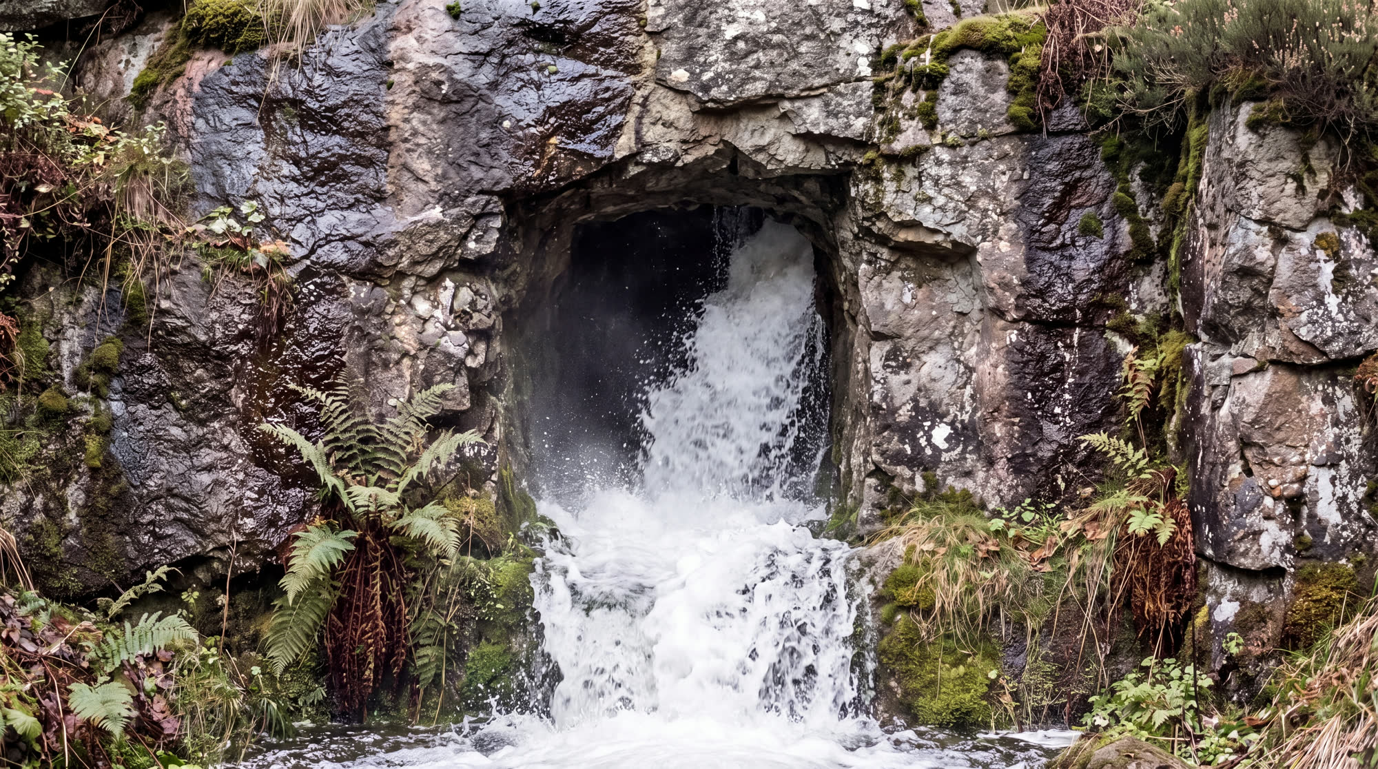 Water pouring out of a hand-driven mine adit in the Harz, wet rock and ferns around the opening