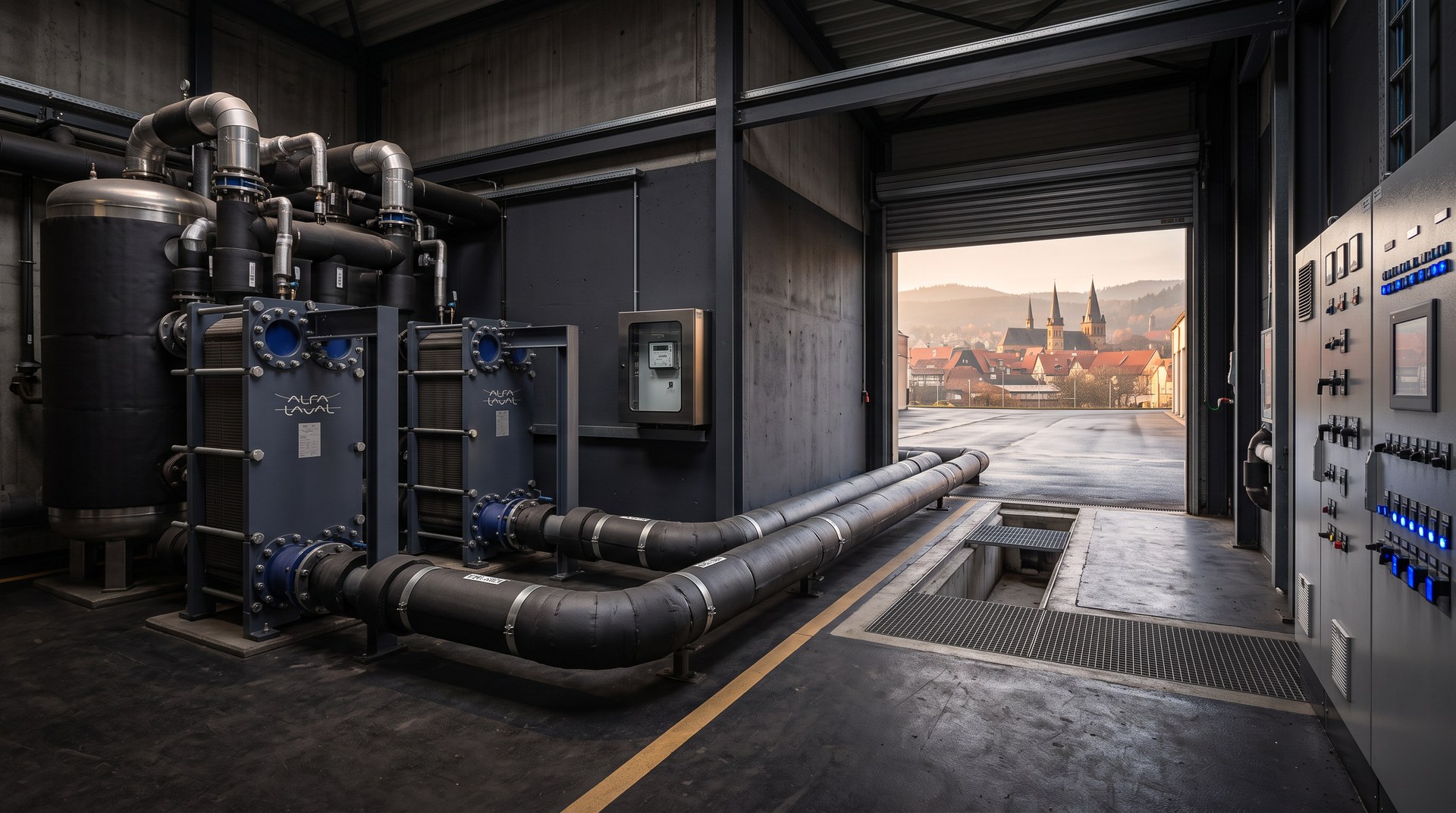 The transfer station: two plate exchangers, a buffer vessel and a heat meter, with insulated flow and return leaving through a trench toward the town beyond the open door