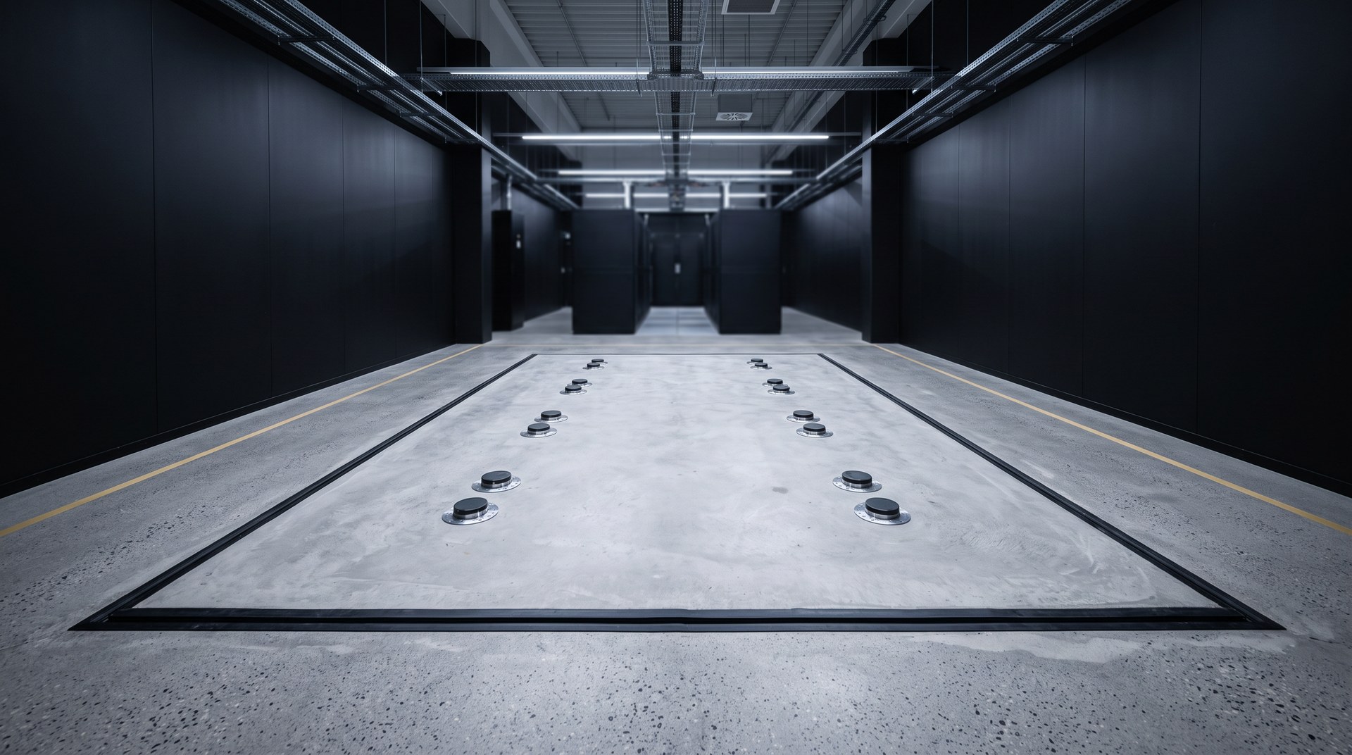 An empty bay on its own structurally isolated slab, capped service stubs in the floor, no equipment at all