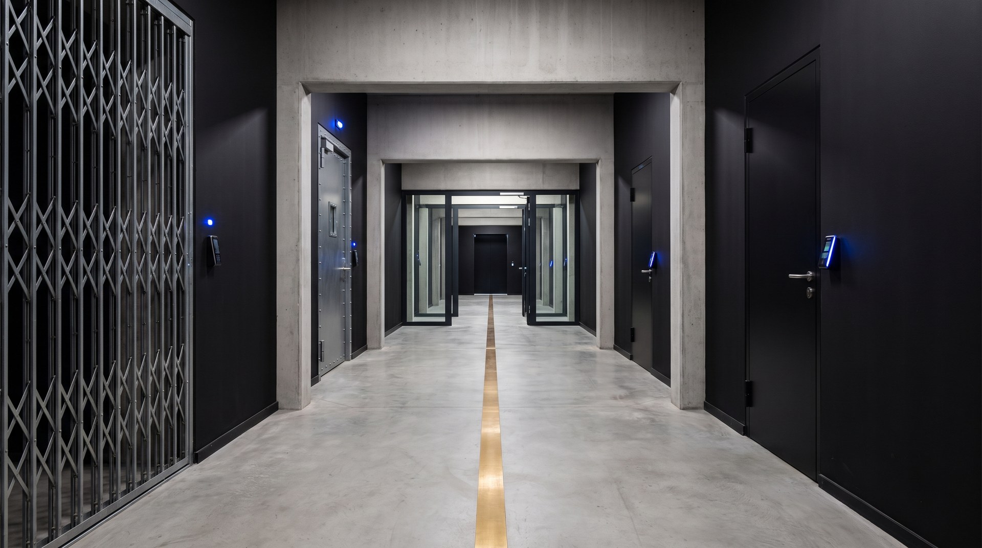 A corridor of five receding thresholds, each a different barrier, darkening with depth